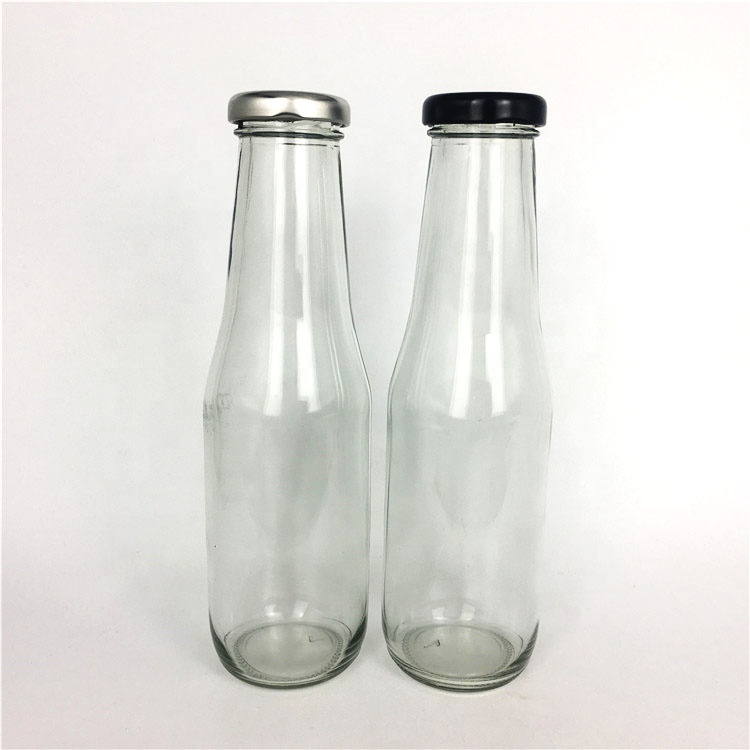 Wholesale 350ml clear juice bottle glass beverage bottle with metal lid