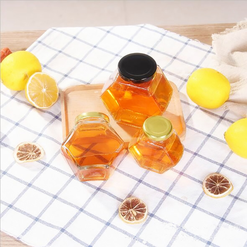 Wholesale 380ml High Quality Luxury Hexagon Empty Glass Honey Jar With Metal Lid/ Dipper