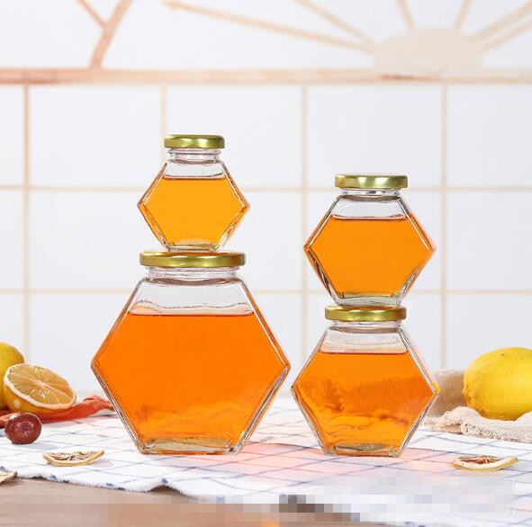 Wholesale 380ml High Quality Luxury Hexagon Empty Glass Honey Jar With Metal Lid/ Dipper