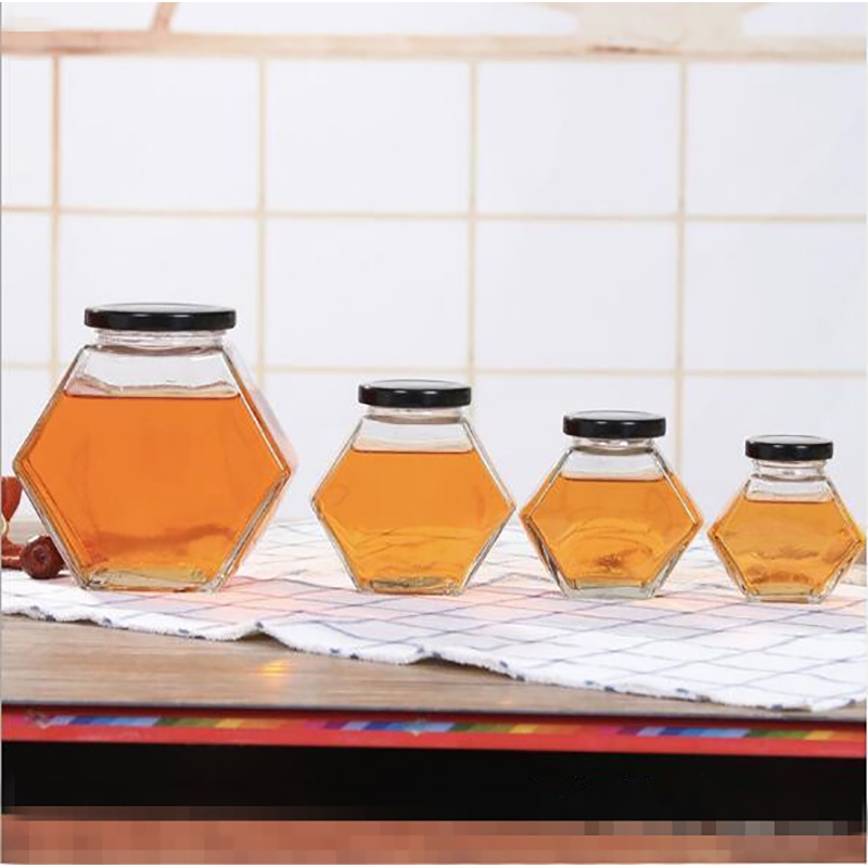 Wholesale 380ml High Quality Luxury Hexagon Empty Glass Honey Jar With Metal Lid/ Dipper