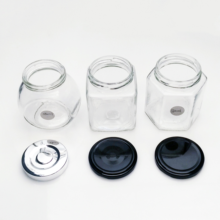 Wholesale 380ml different shape clear glass jar with metal or plastic lid