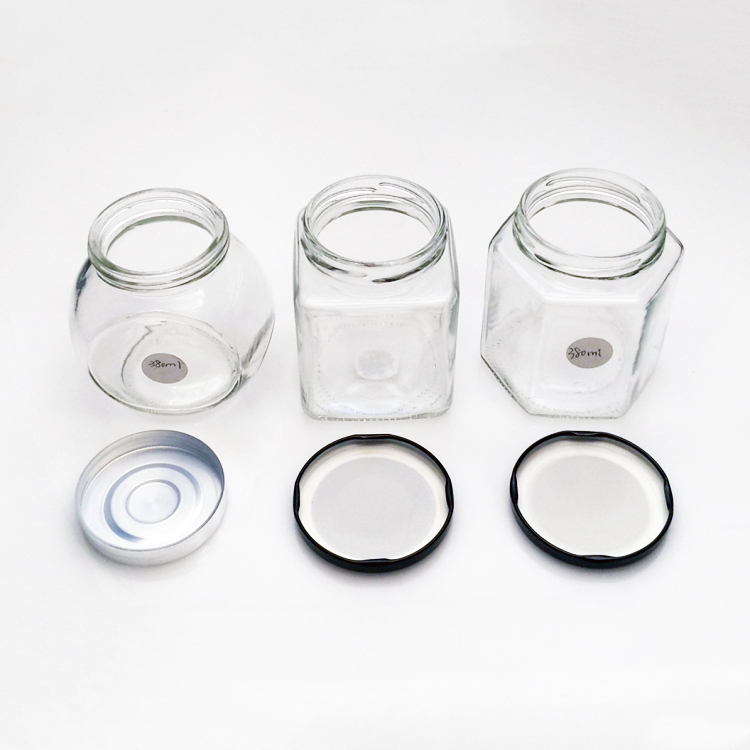 Wholesale 380ml different shape clear glass jar with metal or plastic lid