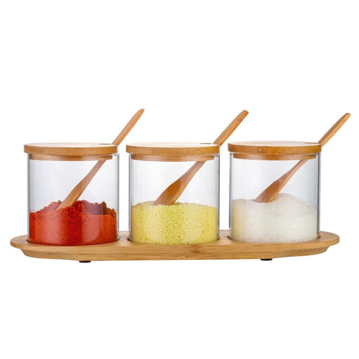 Wholesale 3pcs 10oz Round Clear High Borosilicate Kitchen Glass Seasoning Jar Sets With Wooden Lid Spoon and Holder