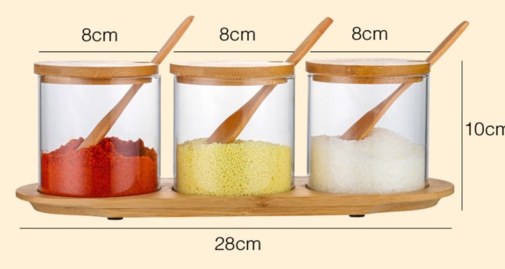 Wholesale 3pcs 10oz Round Clear High Borosilicate Kitchen Glass Seasoning Jar Sets With Wooden Lid Spoon and Holder