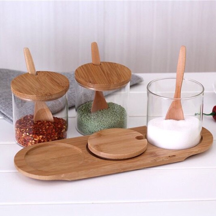 Wholesale 3pcs 10oz Round Clear High Borosilicate Kitchen Glass Seasoning Jar Sets With Wooden Lid Spoon and Holder