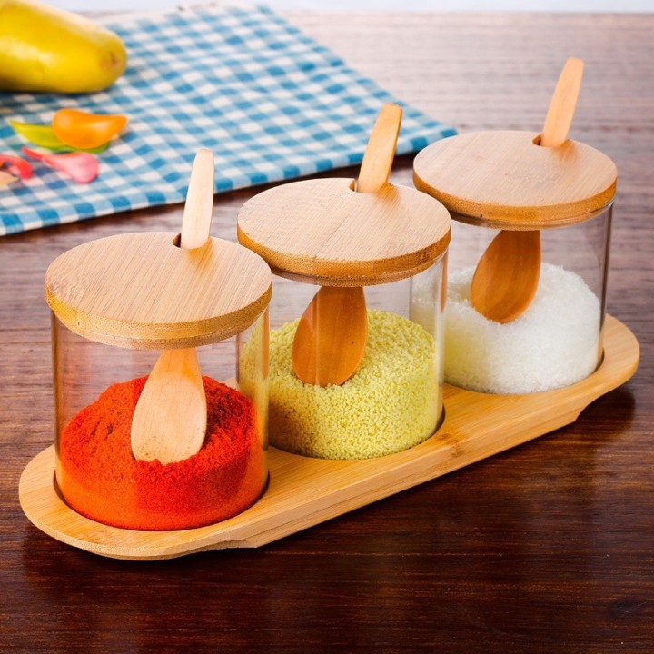 Wholesale 3pcs 10oz Round Clear High Borosilicate Kitchen Glass Seasoning Jar Sets With Wooden Lid Spoon and Holder