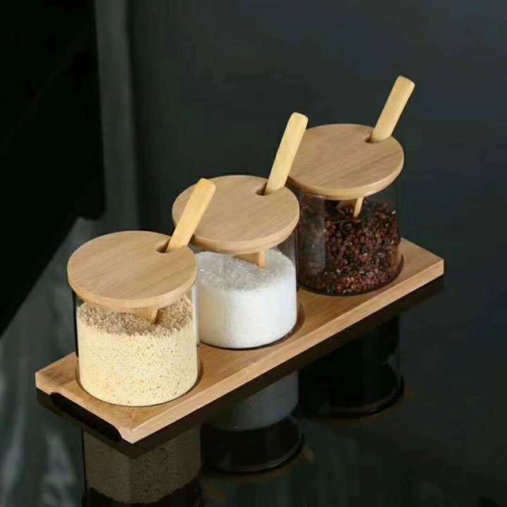 Wholesale 3pcs 10oz Round Clear High Borosilicate Kitchen Glass Seasoning Jar Sets With Wooden Lid Spoon and Holder