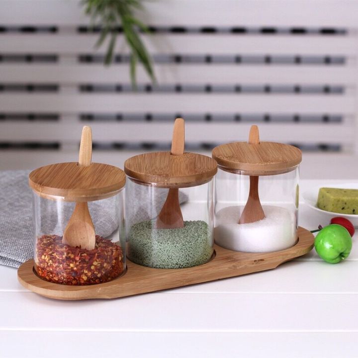 Wholesale 3pcs 10oz Round Clear High Borosilicate Kitchen Glass Seasoning Jar Sets With Wooden Lid Spoon and Holder