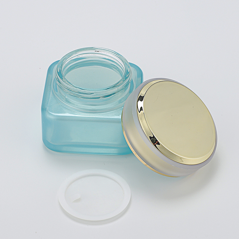 Wholesale 40ml 100ml 150ml 30g 50g Blue Square Cosmetic Packaging Cosmetic Glass Bottle Cream Jar with Gold Lid for Skin Care