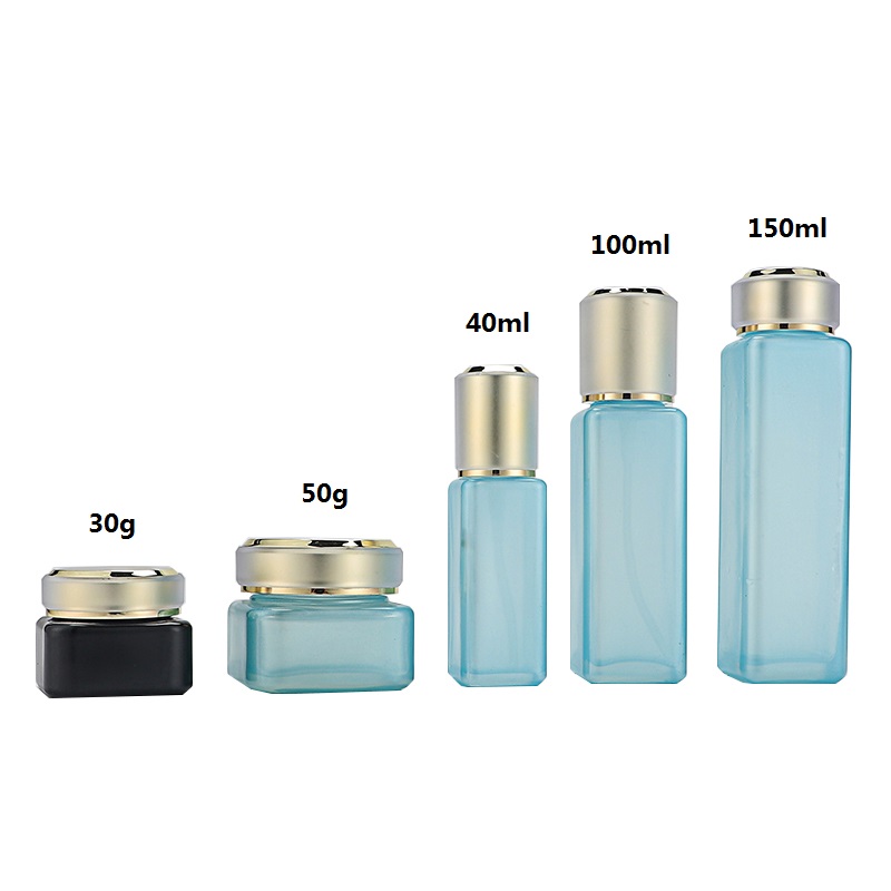 Wholesale 40ml 100ml 150ml 30g 50g Blue Square Cosmetic Packaging Cosmetic Glass Bottle Cream Jar with Gold Lid for Skin Care