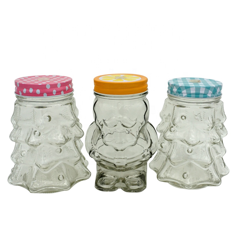 Wholesale 450ml children's snack glass jar Christmas three-piece glass storage jar with pp lid
