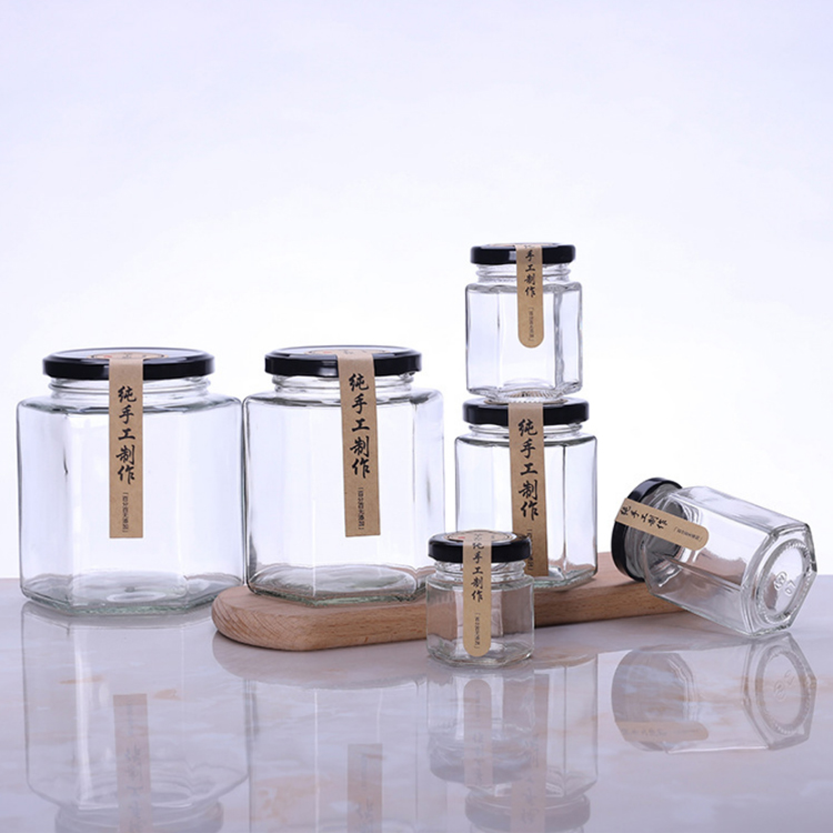 Wholesale 45ml 85ml 100ml 180ml 280ml 380ml 500ml 730ml Hexagonal Glass Honey Jar With Lids