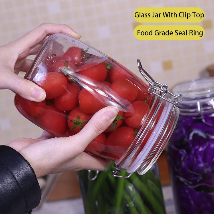 Wholesale 4oz 8oz 10oz 12oz glass pickle storage jar with clip airtight glass silicone lid