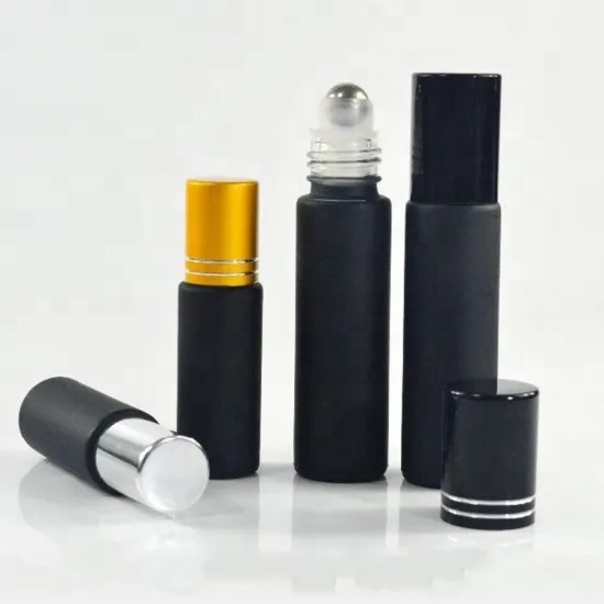 Wholesale 5 ml 10 ml Matt black frosted glass roll on bottle with glass metal roller