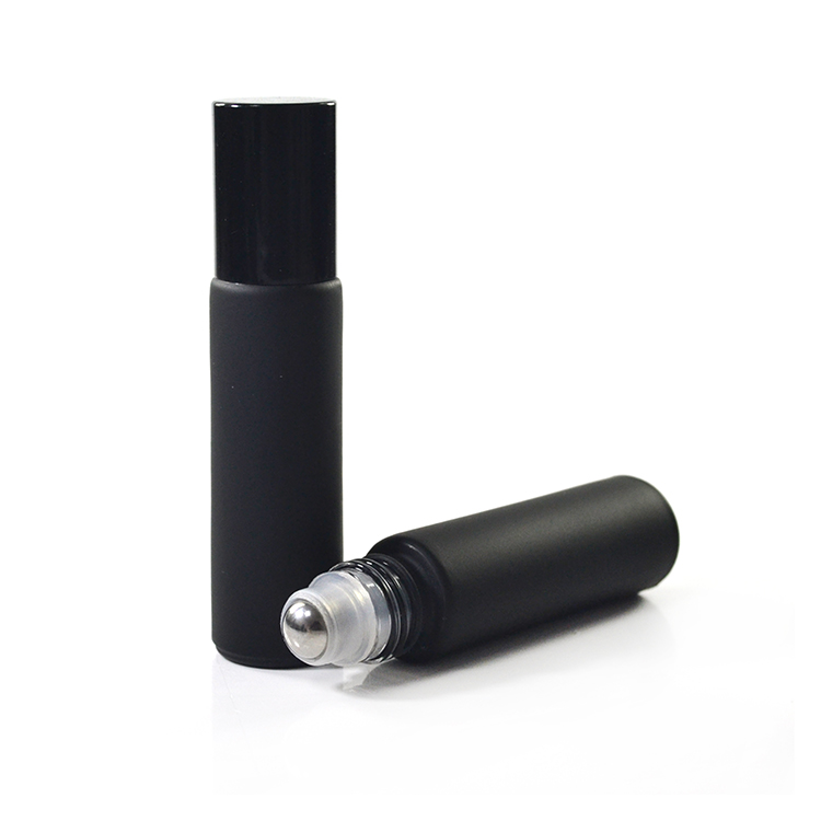 Wholesale 5 ml 10 ml Matt black frosted glass roll on bottle with glass metal roller