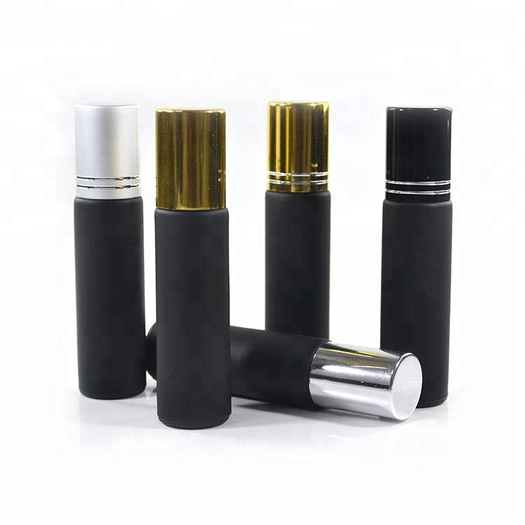 Wholesale 5 ml 10 ml Matt black frosted glass roll on bottle with glass metal roller