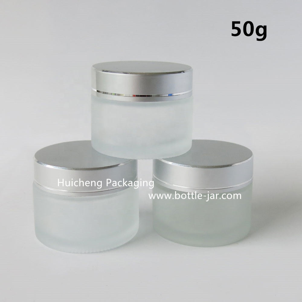 Wholesale 50 g frosted glass cosmetic jar with sliver cap
