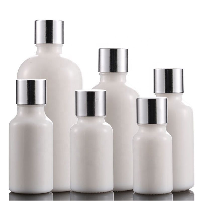 Wholesale 50 ml 100 ml Cosmetic white porcelain opal glass bottle with dropper pump spray screw cap packaging series