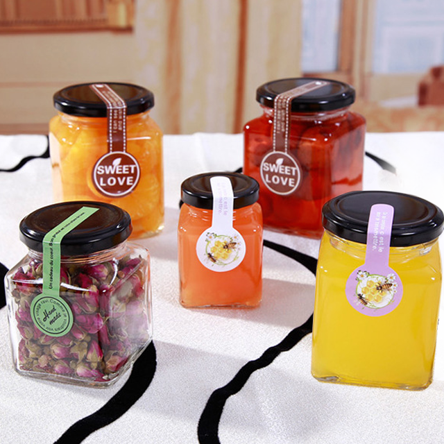 Wholesale 50 ml-730 ml prismatic hexagonal empty jam honey glass jars pickles bottles with lids
