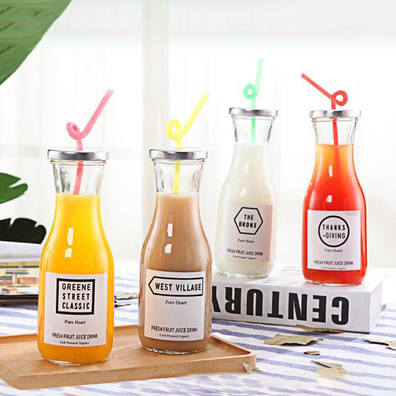 Wholesale 500 ml Milk Tea Bottle Beverage Juice Glass Bottles with Straw Lid