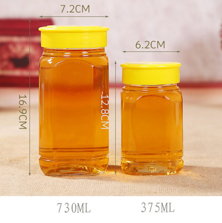 Wholesale 500g 1kg 375ml 730ml Octagonal empty glass honey jar jam bottle with yellow plastic cap