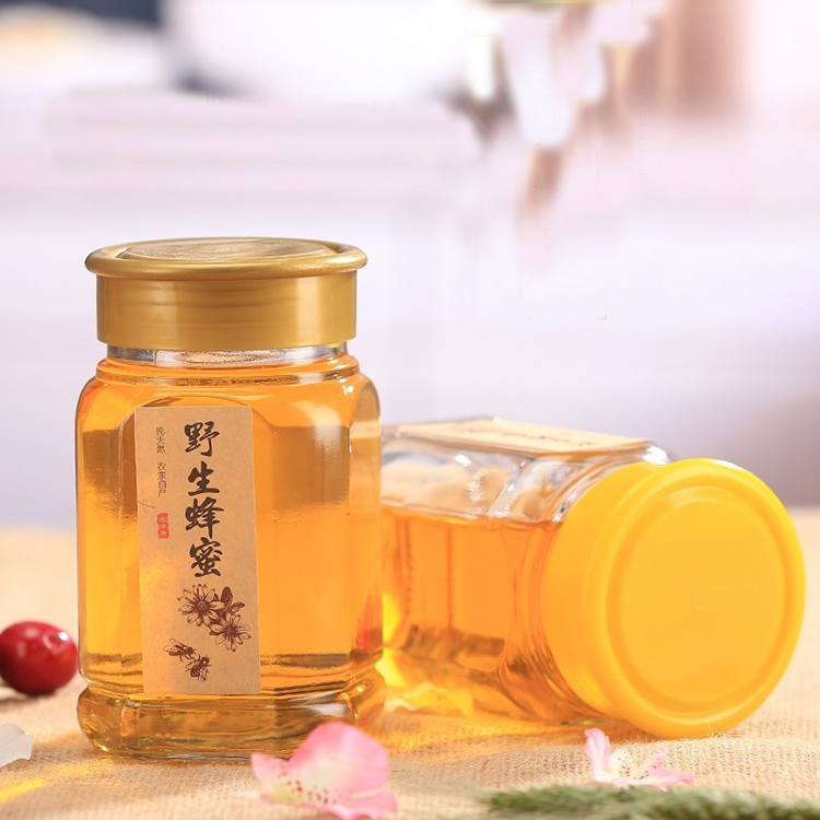 Wholesale 500g 1kg 375ml 730ml Octagonal empty glass honey jar jam bottle with yellow plastic cap