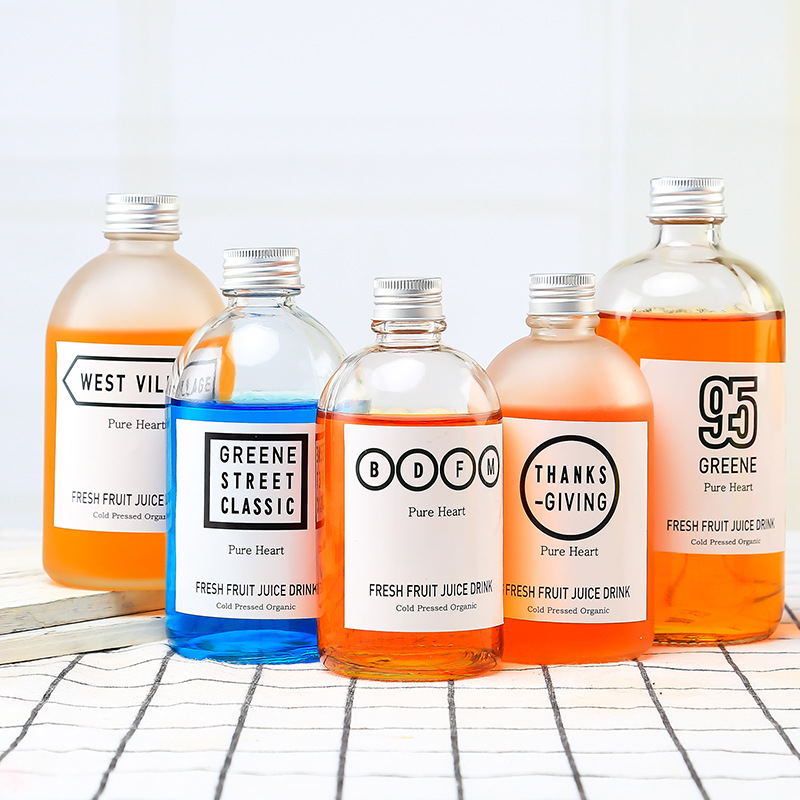 Wholesale 500ml Fancy Empty Glass Clear Juice Milk Syrup Bottle frosted 350ml beverage glass bottle with Screw Cap