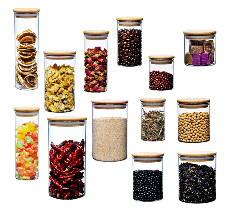 Wholesale 500ml Round High Borosilicate Glass Jar Kitchen Food Storage Canister Container jar with Wooden Airtight Lid