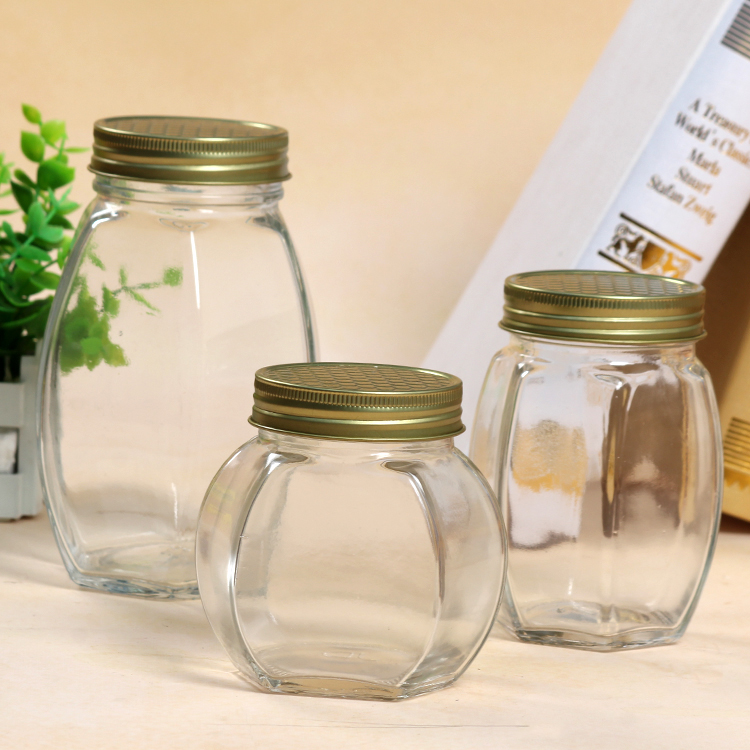 Wholesale 500ml Sixsided Transparent Glass Honey Jar with Lid for Storage