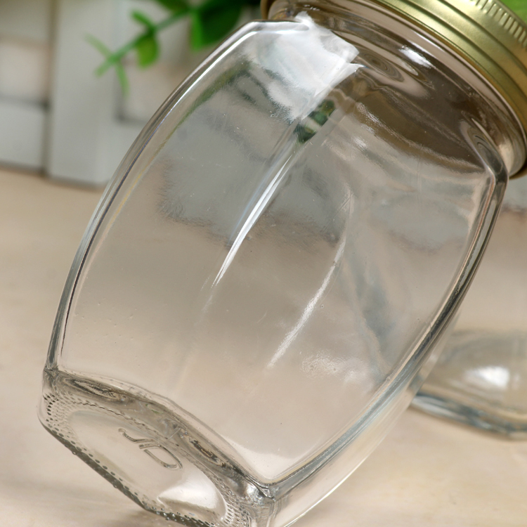 Wholesale 500ml Sixsided Transparent Glass Honey Jar with Lid for Storage