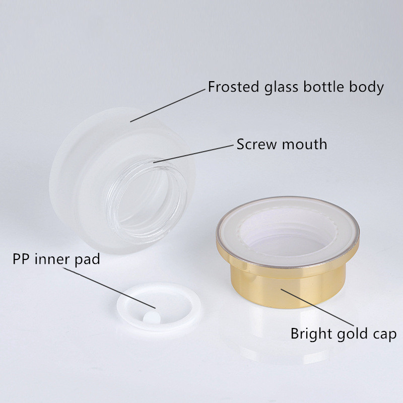 Wholesale 50g 40ml 120ml 150ml frosted white glass pump bottle with bright gold cap customs logo lotion bottle and jar