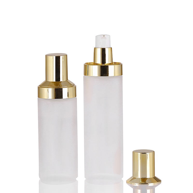 Wholesale 50g 40ml 120ml 150ml frosted white glass pump bottle with bright gold cap customs logo lotion bottle and jar