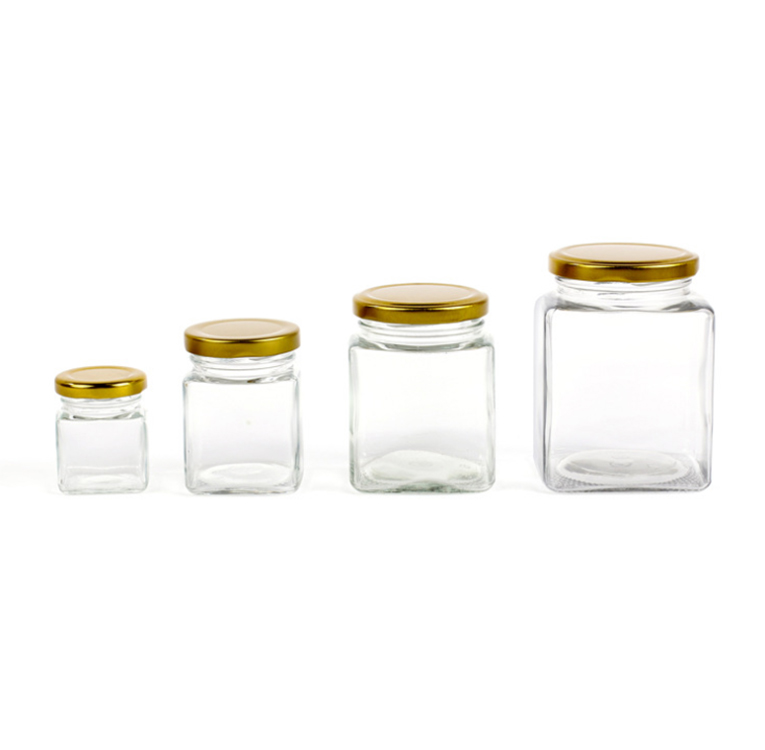 Wholesale 50ml 100ml 250ml 450ml all size square food packing glass mason jar with gold metal screw cap