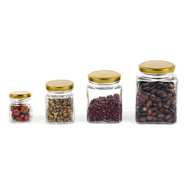 Wholesale 50ml 100ml 250ml 450ml all size square food packing glass mason jar with gold metal screw cap