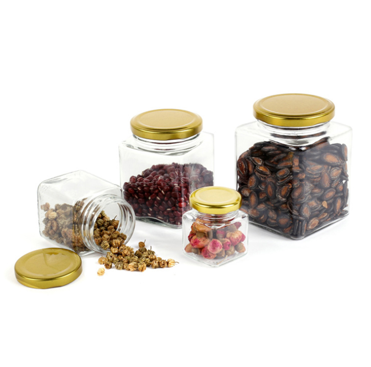 Wholesale 50ml 100ml 250ml 450ml all size square food packing glass mason jar with gold metal screw cap