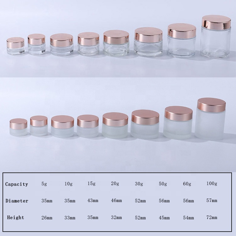 Wholesale 5g/10g/15g/20g/30g/50g/60g/100g Empty Glass Jars Clear Cosmetic Cream Jars With Rose gold lid