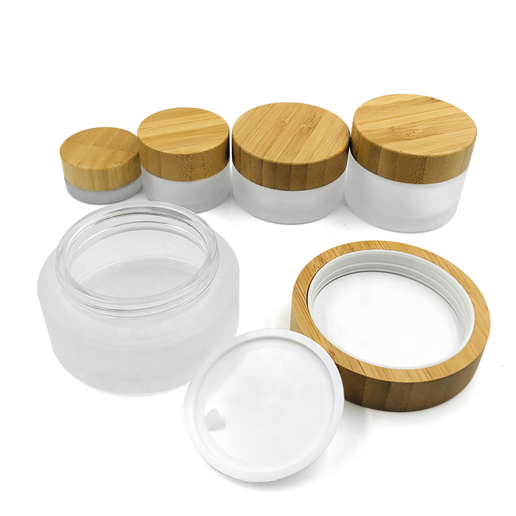 Wholesale 5g 15g 30g 50g 100g Small Empty Luxury Frosted Face Eye Cosmetic Cream Glass jar with Bamboo Lids