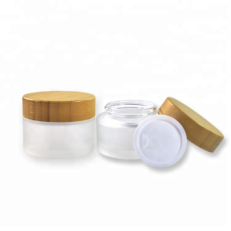 Wholesale 5g 15g 30g 50g 100g frosted glass cosmetic cream jar with bamboo lid