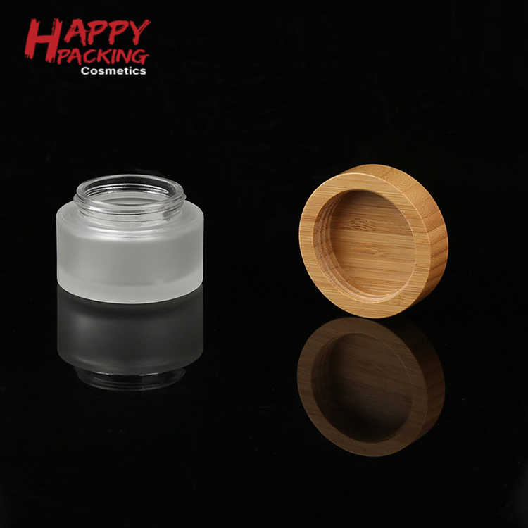 Wholesale 5g 50g 100g Frosted Glass Cosmetic bamboo lid storage containers With Bamboo Screw Cap