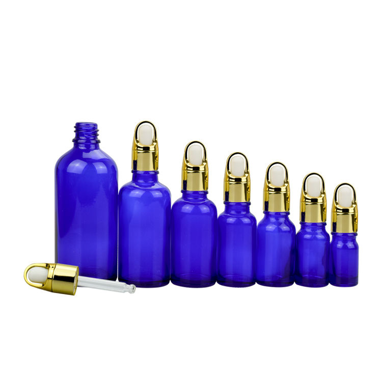 Wholesale 5ml 10ml 15ml 20ml 30ml 50ml 100ml blue essential oil bottle with golden basket pipette dropper