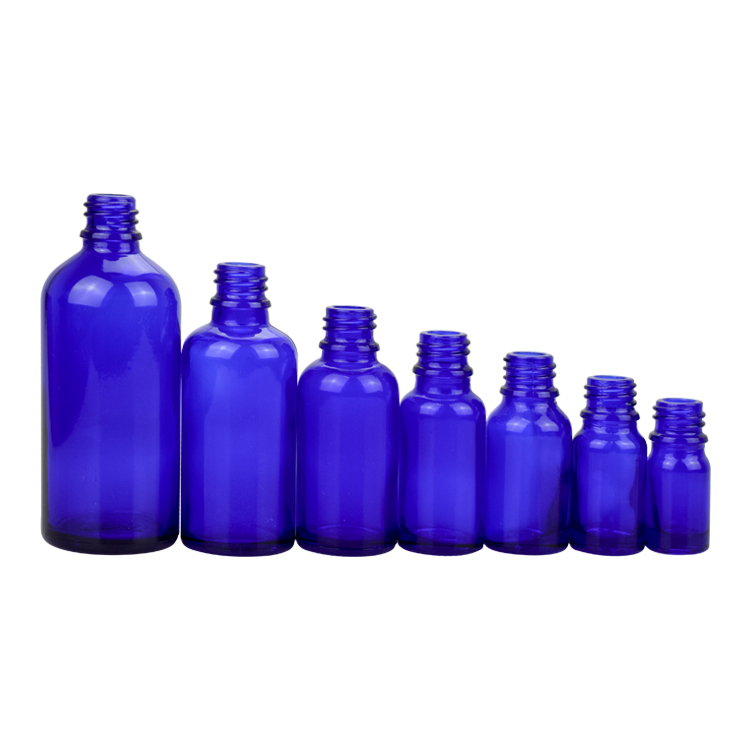 Wholesale 5ml 10ml 15ml 20ml 30ml 50ml 100ml blue essential oil bottle with golden basket pipette dropper