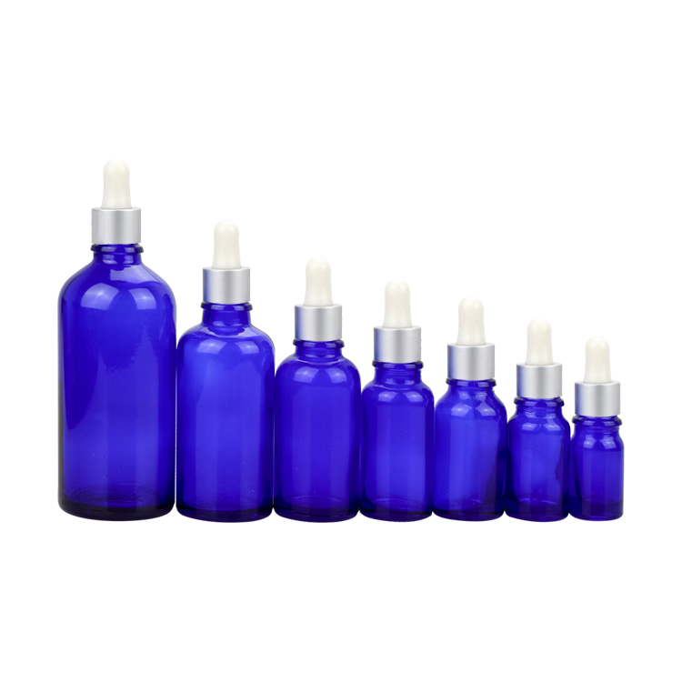 Wholesale 5ml 10ml 15ml 20ml 30ml 50ml 100ml blue essential oil bottle with whitesilver dropper