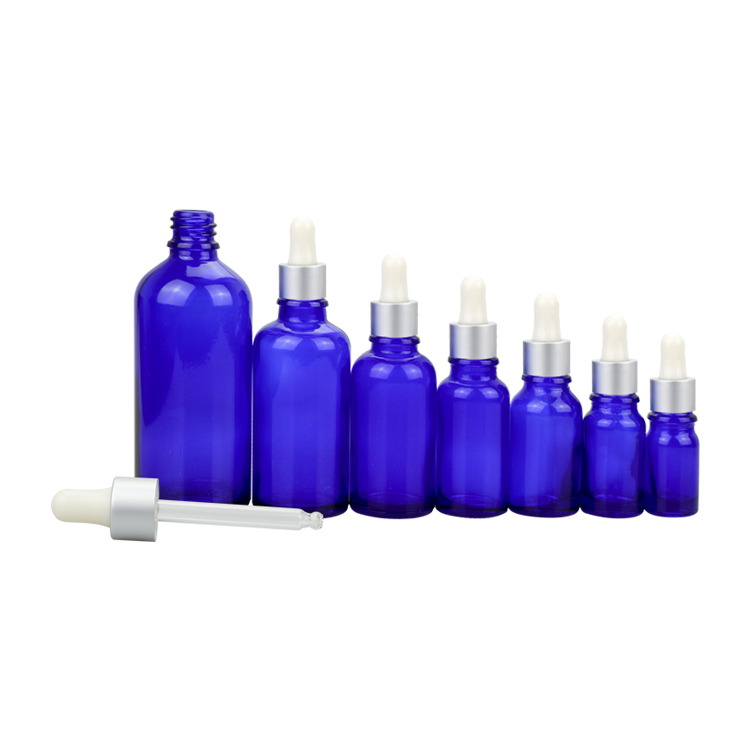 Wholesale 5ml 10ml 15ml 20ml 30ml 50ml 100ml blue essential oil bottle with whitesilver dropper