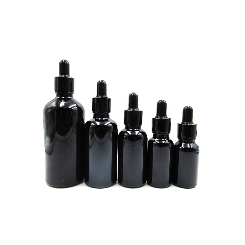 Wholesale 5ml 10ml 15ml 20ml 30ml 50ml 100ml gloss black essential oil serum glass round dropper bottle with black aluminum cap