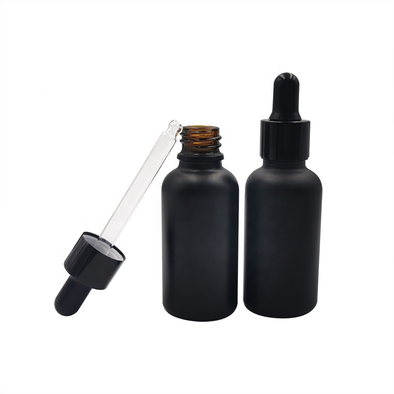Wholesale 5ml 10ml 15ml 20ml 30ml 50ml 100ml gloss black essential oil serum glass round dropper bottle with black aluminum cap