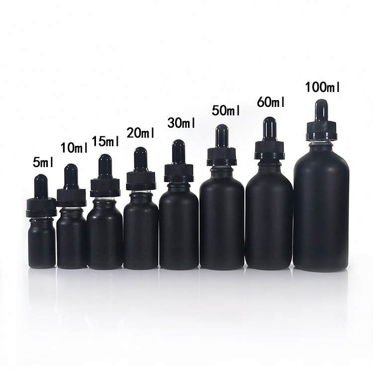 Wholesale 5ml 10ml 15ml 20ml 30ml 50ml 100ml matte black glass dropper bottle with childproof cap