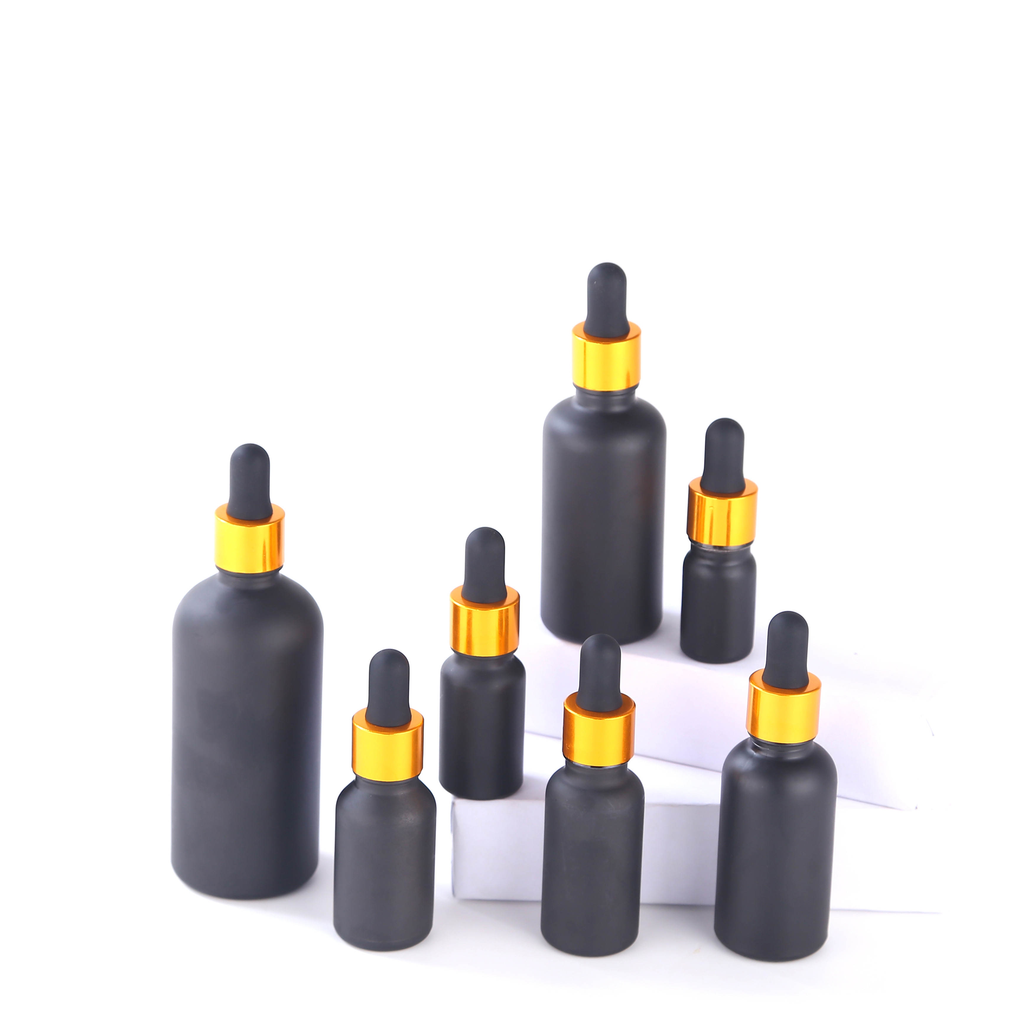 Wholesale 5ml 10ml 15ml 20ml 30ml 50ml 100ml matte black perfume dropper glass bottles with aluminum cap for essential oil