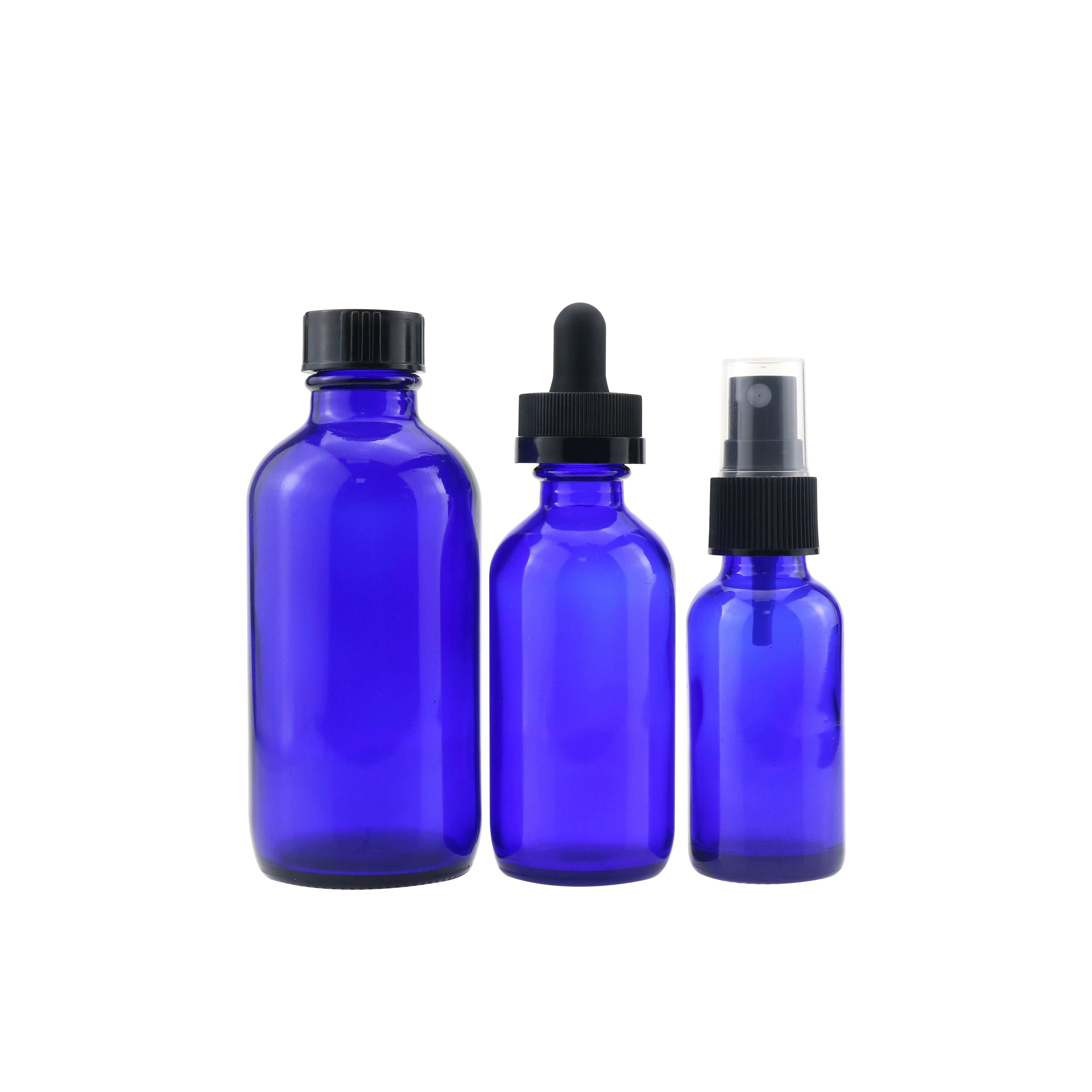 Wholesale 60ml glass spray bottle 2 oz cobalt blue dropper boston round bottle