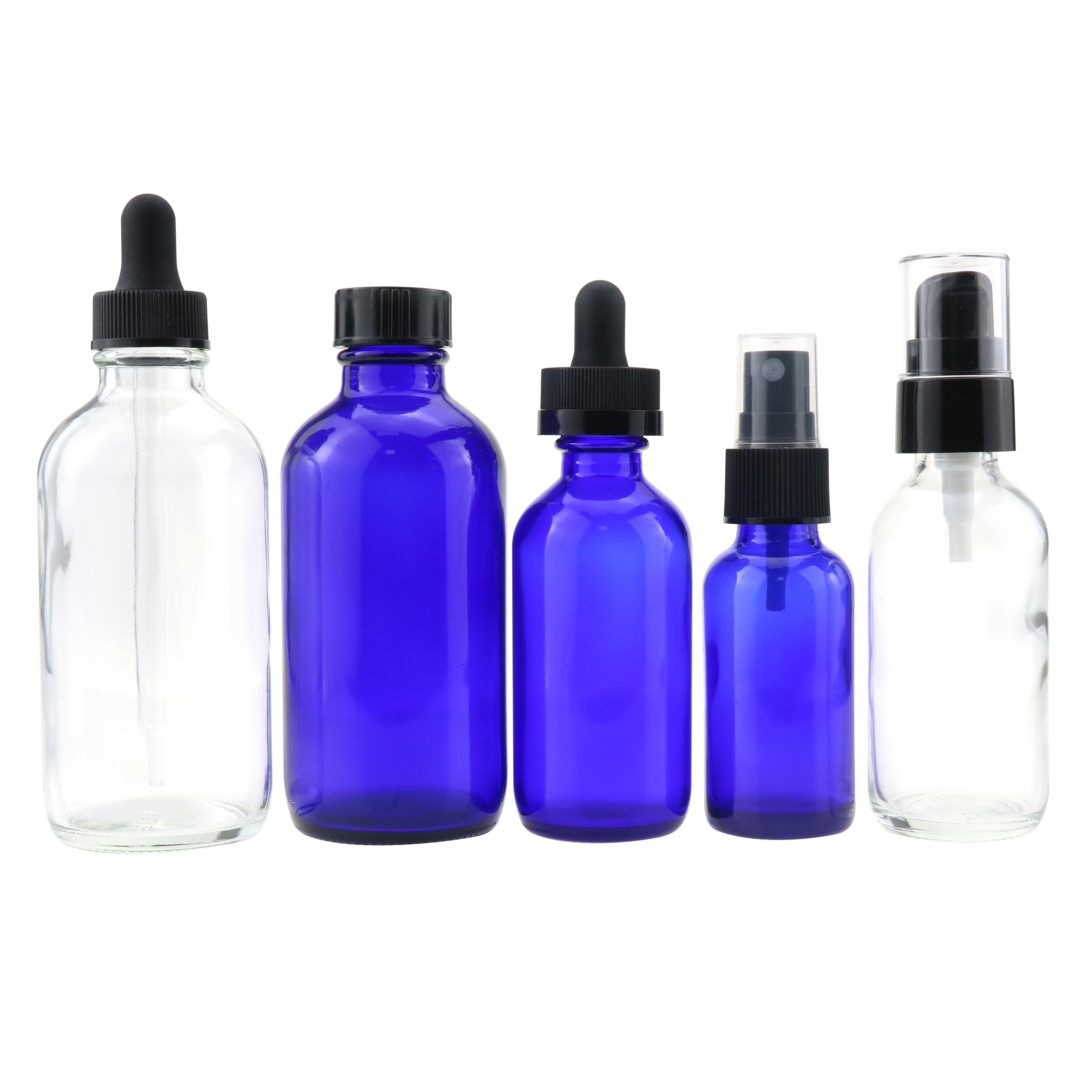 Wholesale 60ml glass spray bottle 2 oz cobalt blue dropper boston round bottle