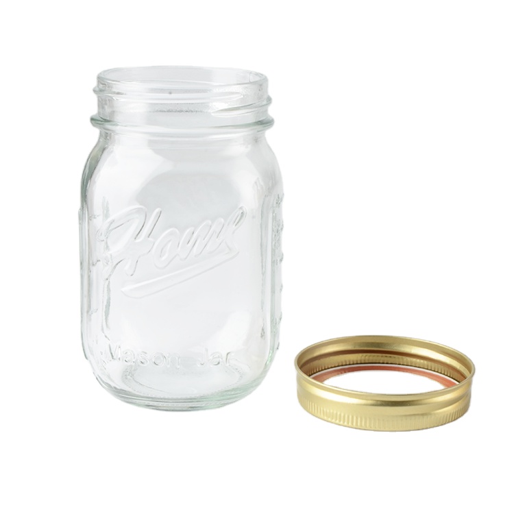 Wholesale 8 oz 16 oz 32 oz Empty Clear Glass Mason Jar Food Storage Glass Jar with Golden Color Two Pieces Canning Lids